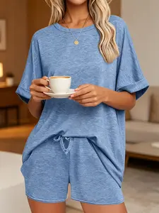 Womens 2 Piece Lounge Set Short Sleeve T-Shirt and Drawstring Shorts Casual Activewear Sportswear Home Clothes 95% Polyester 5% Spandex High Stretch 2026 Summer Sweatsuit Everyday Tracksuit Comfortable Sleepwear Basic Pjs Workout Outfit