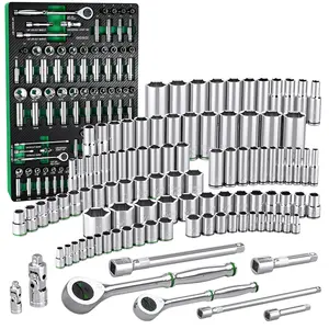 #Summervibes SK 1/4" & 3/8" Drive Socket Set with 160-P Ratchet, 105-Pack, SAE & Metric, SuperKrome Finish, Premium CR-V Construction, with EVA Foam Tool Organizer