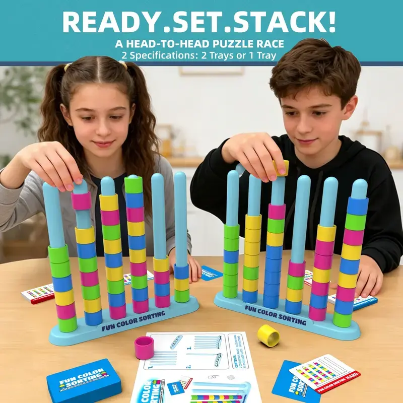 Color Stack Challenge Game – Fast-Paced STEM Color Sorting Stacking Puzzle Toy for Kids Ages 6+, 50 Double-Sided Challenge Cards, 2/1 Stacking Trays | Family Party Board Game, Educational Matching Activity for Indoor & Outdoor Play, Family Fun Game