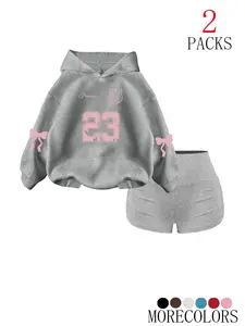 Women's Fall Winter Hooded Drawstring Fitted Sweatshirt Set, Fashionable Simple Design with Tree Branch Print, Casual Wear for Daily Use