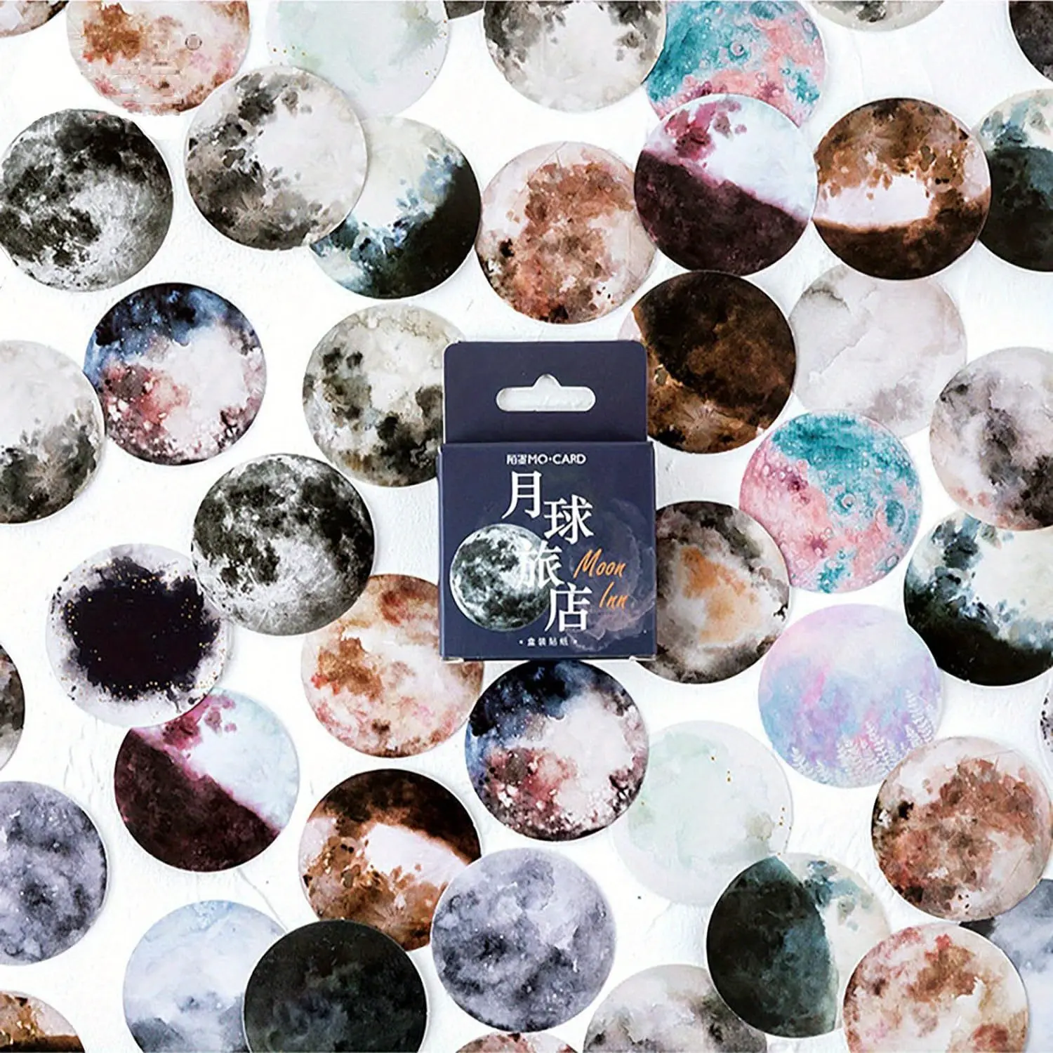 46PCS Cute Boxed DIY Decoration Adhesive Paper Colorful Moon Theme Stickers for Laptop Planners Scrapbook Cups Diary Notebooks Album Phone Case