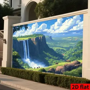 2dflat1 Plant and Animal Scene Polyester Banner, Vibrant Waterfall Cliff Cloud Design, Home Wall Decor, Party Backdrop