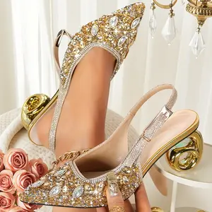 Women's Golden Slingback Pumps, Unique Sculpted Heel Rhinestone Pointed Toe Heels for Party Wedding, Women Shoesaa