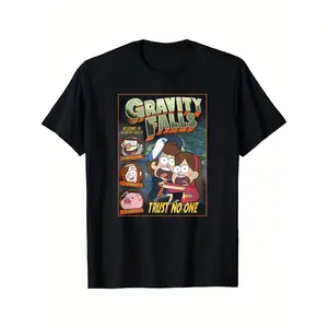 Durable] Gravity Falls Cartoon Pattern T-Shirt - 100% Cotton, Lightweight Short Sleeve Crew Neck Men's T-Shirt, Casual Summer Clothing, Featuring 'TRUST NO ONE' Design, Casual Wear T-Shirt | Energetic Printed Top | Machine washable T-shirt