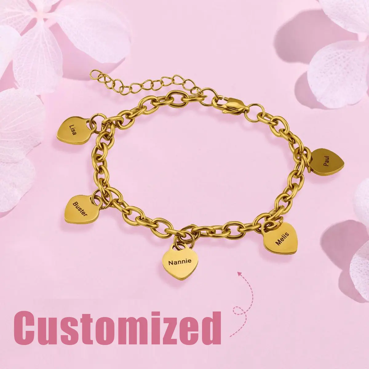 AS033 Customized Engraved Text Small Peach Heart Bracelet Stainless Steel Couple Girlfriend Bracelet Personalized Gift