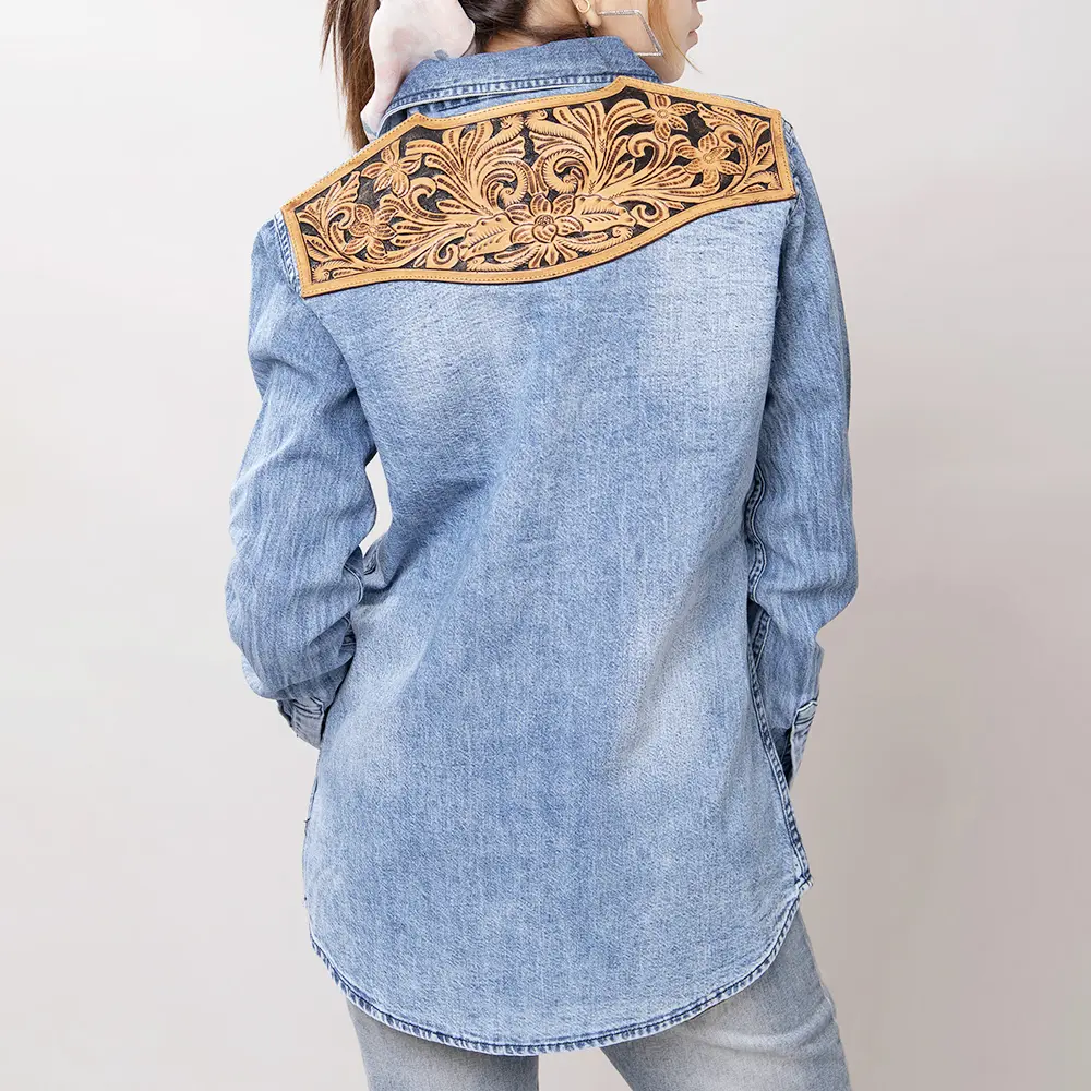 American Darling Genuine leather Hand tooled carved Women 100% cotton Denim Blazer dress jacket ladies | Vintage