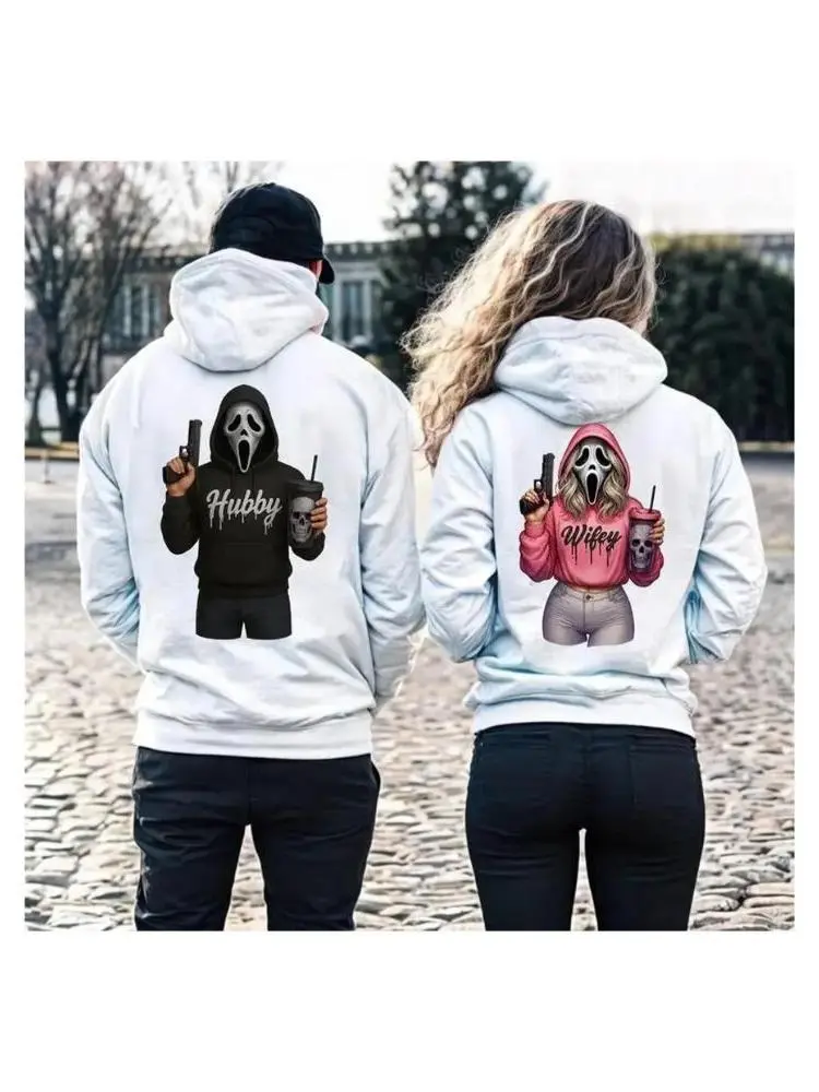 Women's Classic Ghostface Halloween Couple Matching Spandex-Fleece Long Sleeve Loose Casual  Pullover Hoodies, Comfortable Men's Hooded Sweatshirts, Ideal Gift, Couple Hoodie