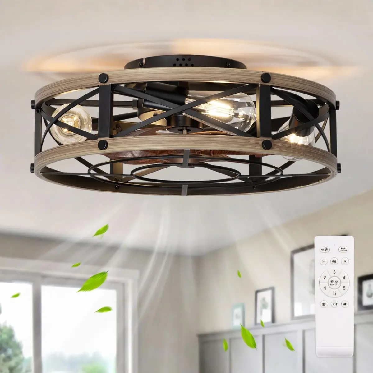 19 Inch Farmhouse Caged Ceiling Fan with Light, Low Profile Flush Mount Fandelier with Remote, 6 Speed Quiet Reversible Ceiling Fan Light with 4 E26 Bulb Bases, Rustic Black Wood Style Ceiling Fan for Bedroom Living Room Kitchen