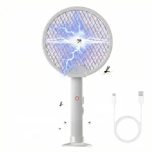 Foldable Electric Fly Swatter Racket 2-in-1 Bug Zapper, 3000V Mosquito Killer with Purple Attractant Light, 1200mAh USB Rechargeable with Support Base, Portable Handheld Mosquito & Insect Killer for Home, Office, Backyard, Patio, Camping