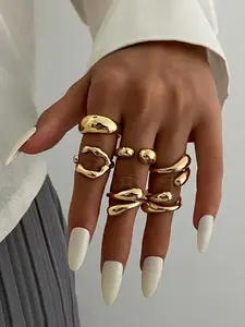 Women's Geometric Cut Out Ring Set, Casual All-Season Jewelry Gift, Plain Design Liquid Magma Water Drop Rings for Daily Wear