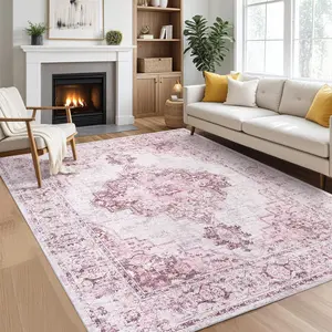 Neutral Living Room Rugs Washable, Soft Vintage Large Area Rugs for Bedroom Boho Farmhouse Low Pile Non-Slip Indoor Carpet Rugs for Living Room Dining Room Home