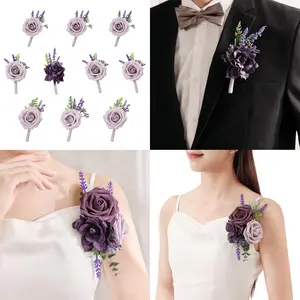 TINGE TIME Artificial Wedding Flower, Set of 6 Boutonniere and Set of 2 Shoulder Corsage Set (Lavender &amp; Plum)