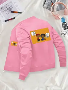 Casual Cartoon Graphic Printed Long Sleeve Baseball Jacket, Fashion Jacket: Daily Campus Street Trendy Outerwear Coats, Zipper Design, Retro Style, Ultra-Comfortable Fitted Fit, Must-Have for Casual Outfits