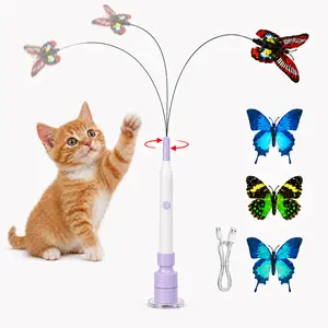 Spinning Butterfly Cat Toy Wand – Rechargeable Electric Touch-Activated Interactive Cat Teaser with Suction Cup, Self-Play & Handheld Modes, Purple, for Indoor Kittens and Cats