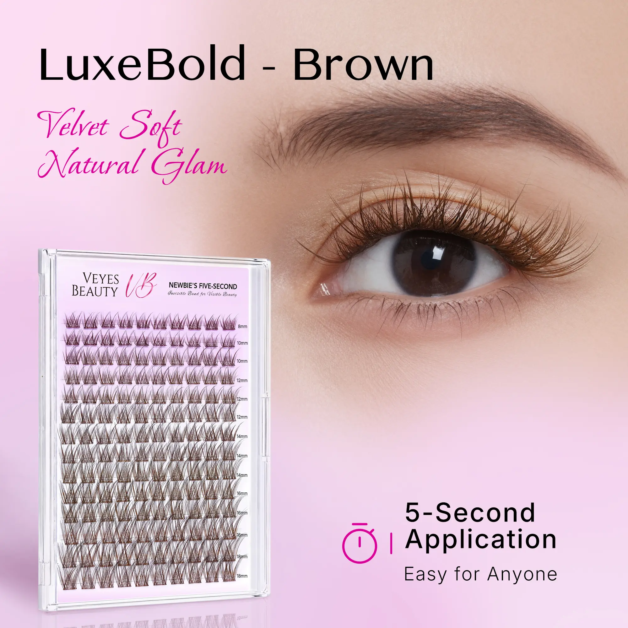 VEYESBEAUTY LuxeBold Brown Lash Clusters, Polybutylene Terephthalate Fiber Individual Eyelash Extensions Kit with Bond, Seal & Tweezer for Dramatic Volume At-Home Makeup Application, Lash Cluster, Eyelashes Clusters