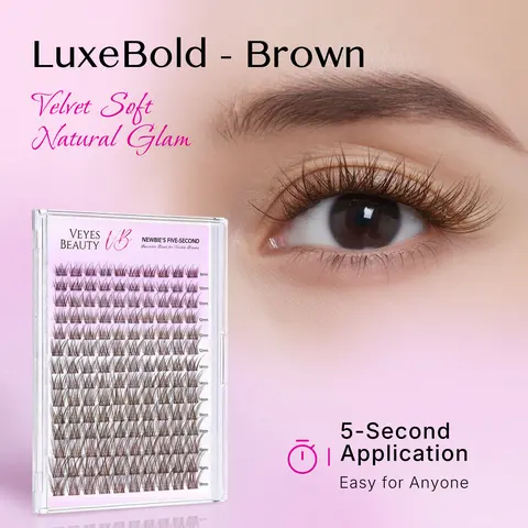 VEYESBEAUTY Brown LuxeBold Lashes Clusters Kit - PBT (Polybutylene Terephthalate Fiber) Individual Eyelash Extensions, Bond & Seal, Tweezer for Home Use, 5-6 Hour Bonding Duration for Dramatic Volume Makeup, Accessories Kit False Eyelashes & Adhesives