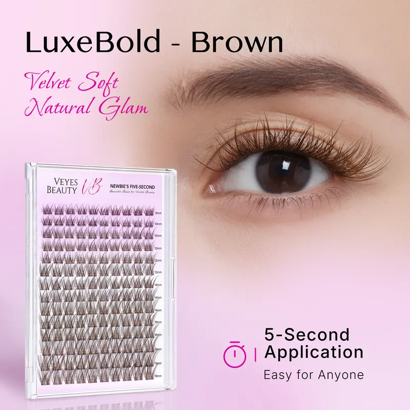VEYESBEAUTY Brown LuxeBold Lashes Clusters Kit - PBT (Polybutylene Terephthalate Fiber) Individual Eyelash Extensions, Bond & Seal, Tweezer for Home Use, 5-6 Hour Bonding Duration for Dramatic Volume Makeup, Accessories Kit False Eyelashes & Adhesives