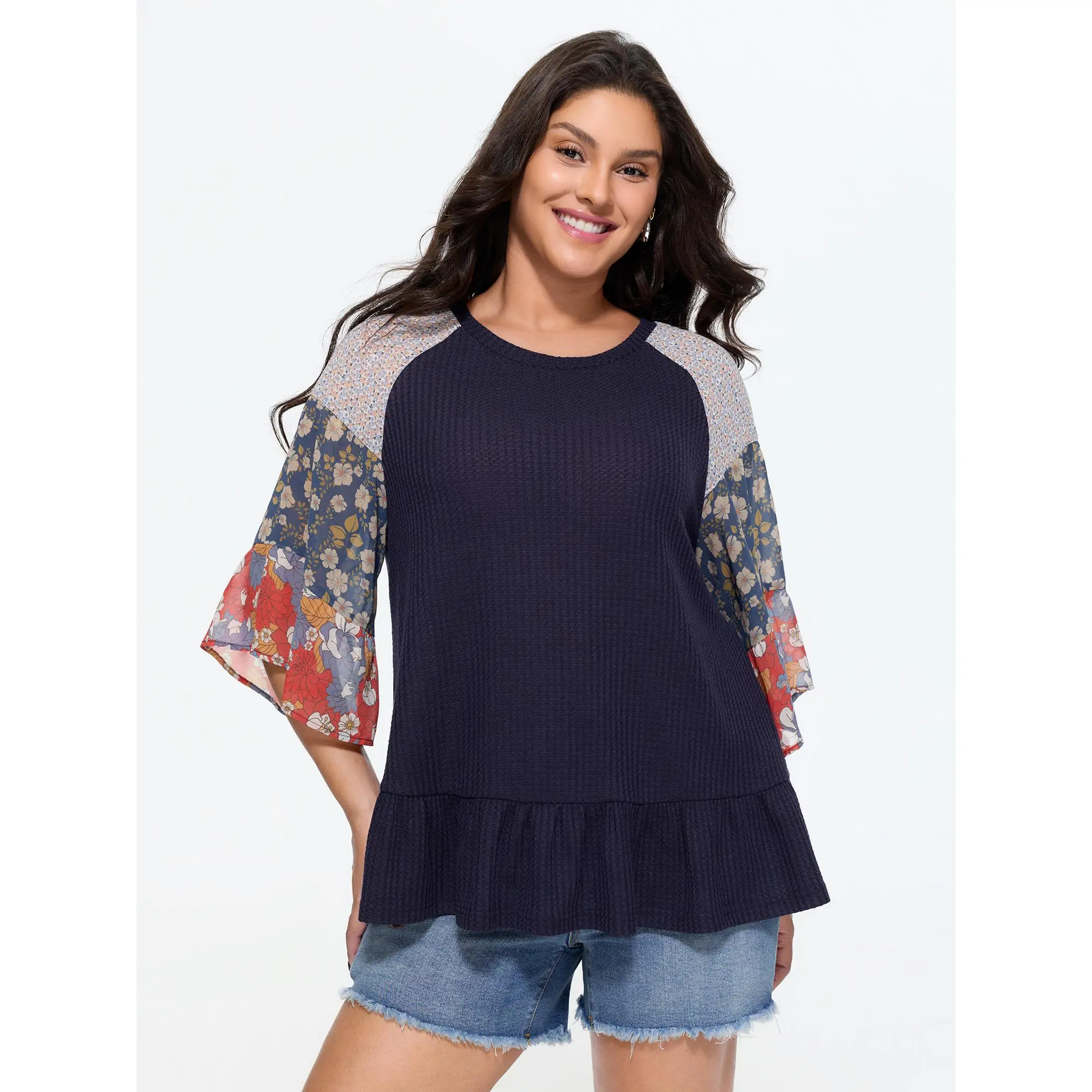 BloomChic Floral Patchwork Print Waffle Knit T-Shirt 【M-6XL】