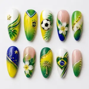 Soccer Press On Nails 3D Floral Football Fan Brazil Flag Tropical Summer Vibe