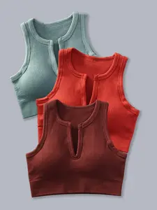 Women's 3pcs Solid Notched Neck Sports Vest, Summer Clothes Women, Breathable Comfortable Crop Sports Tank Top For Yoga Gym Workout Running, Women's Sport & Outdoor Clothing For Summer, Gym WearRAIMENTRY