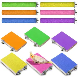 12 Pcs Bird Perch Stand Toy Includes 6 Parrot Perch Wood Stand Bird Platform 6 Colorful Paw Grinding Stick for Cage Accessories Parakeet Cockatiel, 6 Colors