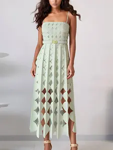 ESYAZO Mint Laser-Cut Pleated Maxi – Luxury Geometric Belted Resort Dress