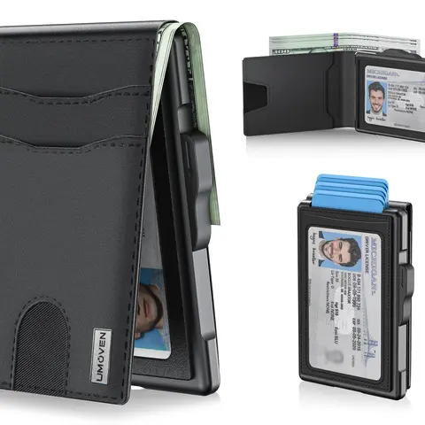 Umoven Men's Slim Aluminum Wallet with RFID Blocking Pop Up Case Cash Slot Credit Card Slots Minimalist Leather ID Window Gift Box