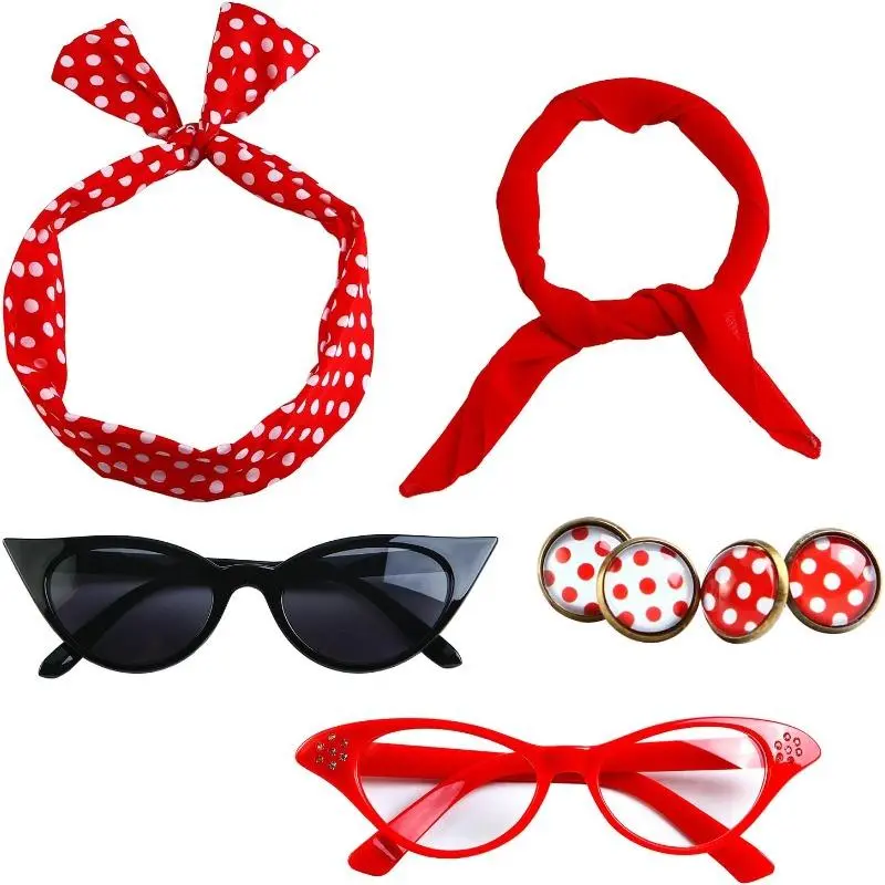 1950s Costume Accessories Set for Women Grease Scarf Headband Glasses Earring Set 50s 80s Decorations Bandana Tie Earrings