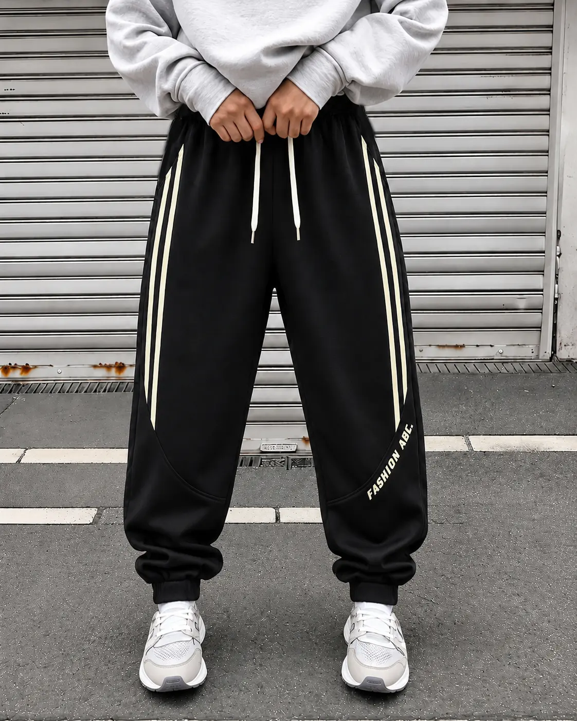 Unisex Double Stripe Letter Print Jogger Sweatpants Loose Fit Track Pants Elastic Waist Drawstring Streetwear Athletic Casual Trousers Ankle Cuff Workout Lounge Bottoms Hip Hop Running Pants for Men Women Daily Sports Gym Outfit Side Panel Detail Everyday