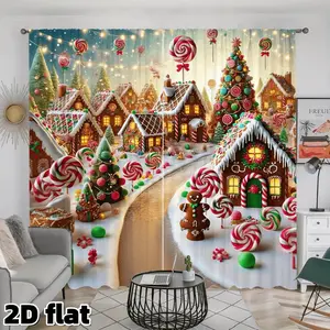 2D Flat 2Pcs Christmas Gingerbread House Candy Land Fantasy Window Curtain, Lollipop Tree Decorated Winter Scene, Rod Pocket Semi Sheer Drapes, Living Room Bedroom Decor, Holiday Theme Window Treatment, Perfect Xmas Gift
