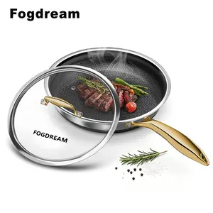 Fogdream 8 Inch Stainless Steel Frying Pan with Lid, Honeycomb Hybrid Nonstick Skillet for Induction & All Cooktops, PFAS/PFOA/PTFE Free, Oven Safe to 500°F, Stay-Cool Handle, Dishwasher Safe, Gold