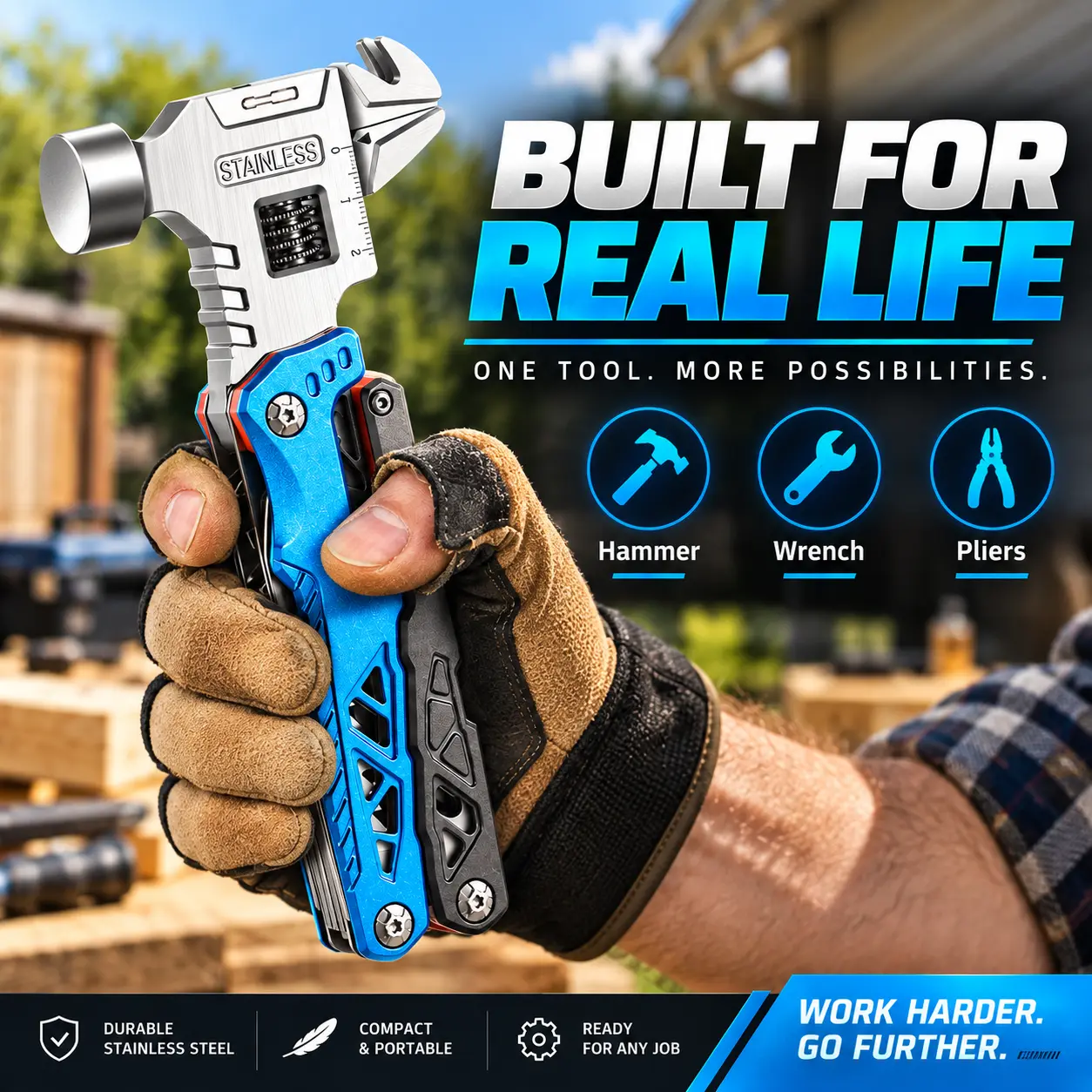 18-in-1 Multifunctional Hammer (with Adjustable Wrench and Pliers) – Stainless Steel EDC Tool featuring a knife, saw, screwdriver bits, and bottle opener; suitable for DIY, camping, and home repairs. A great gift for men for Father's Day or Christmas.