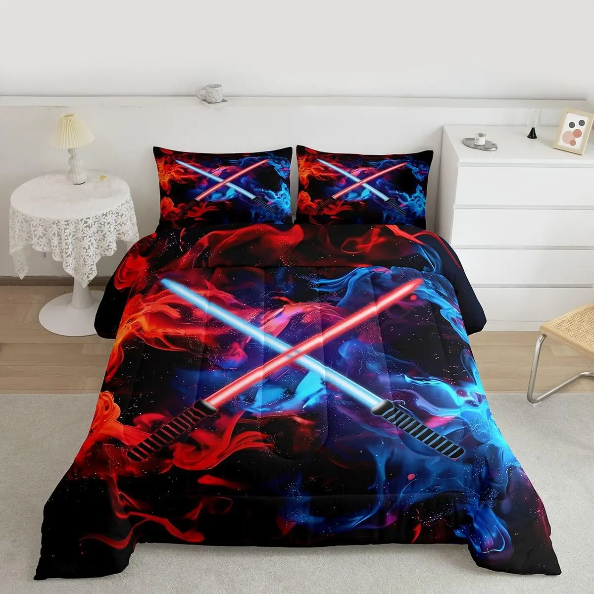 Blue Red Lightsaber Comforter Set,Galaxy Flame Bedding Set Women,Adults Neon Video Games Comforter,Cool Lightsaber Quilted Duvet Set Bedroom Collection