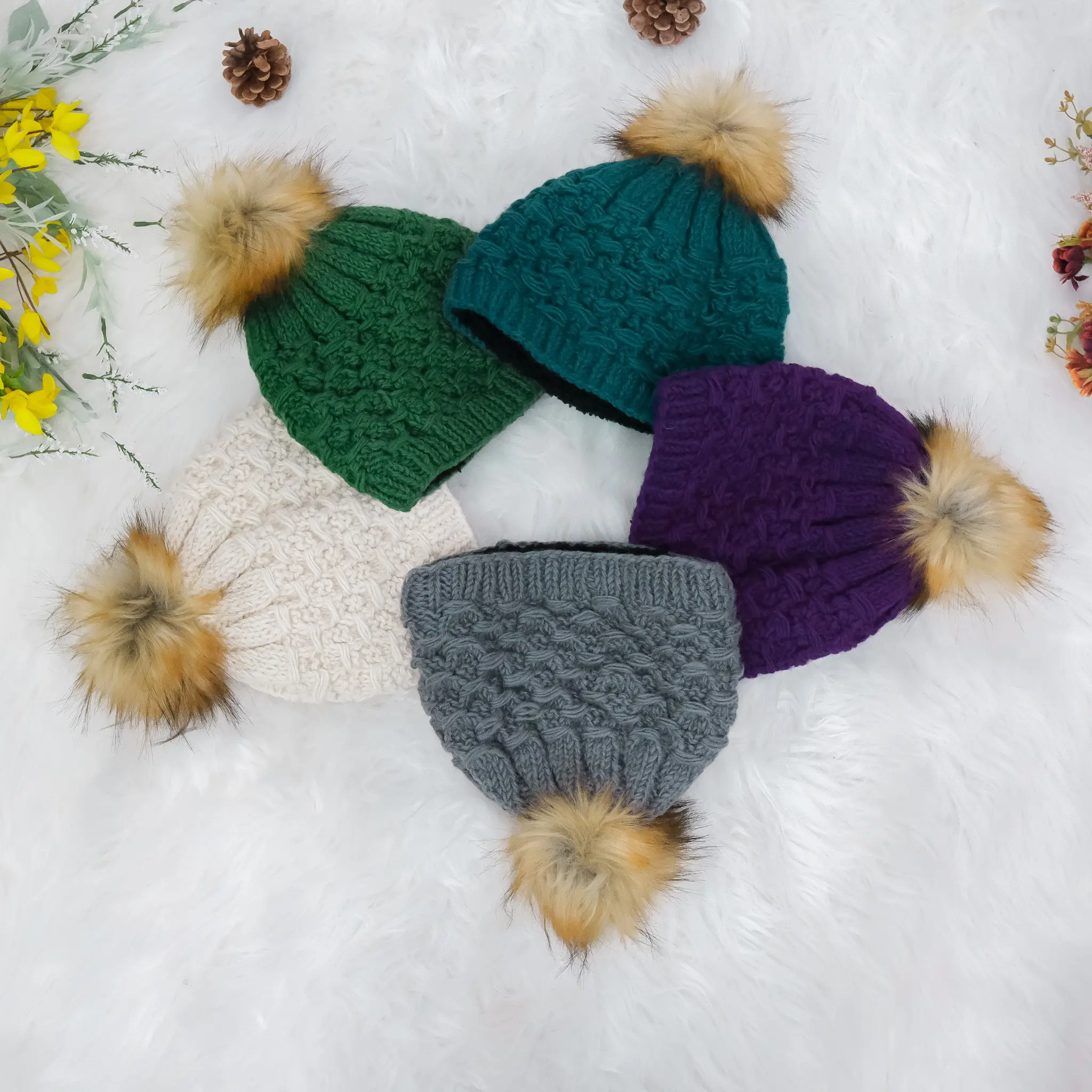 Crocheted Woolen Hats,  Knitted Fleece Lined Wool Hat with  Brown Faux Pompom, Women Beanie Hats, Ski Hat,  Unisex Warm Hats