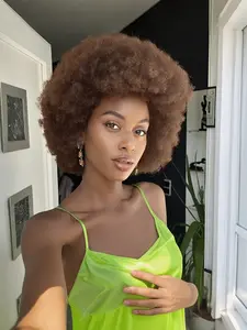 12Inch Brown Afro Curly Human Hair Wig for Women, Afro Kinky Wigs, Kinky Curly Short Curly Wig Natural Looking Comfortable Glueless Easy to Wear Breathable Daily Use Work Travel Party Stage Performance