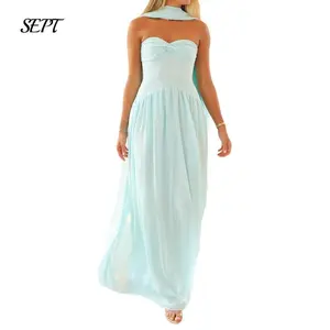 WomenSummerTubeMaxiDressSolidColorFashionBacklessCasualStraplessDresswithChokerScarf