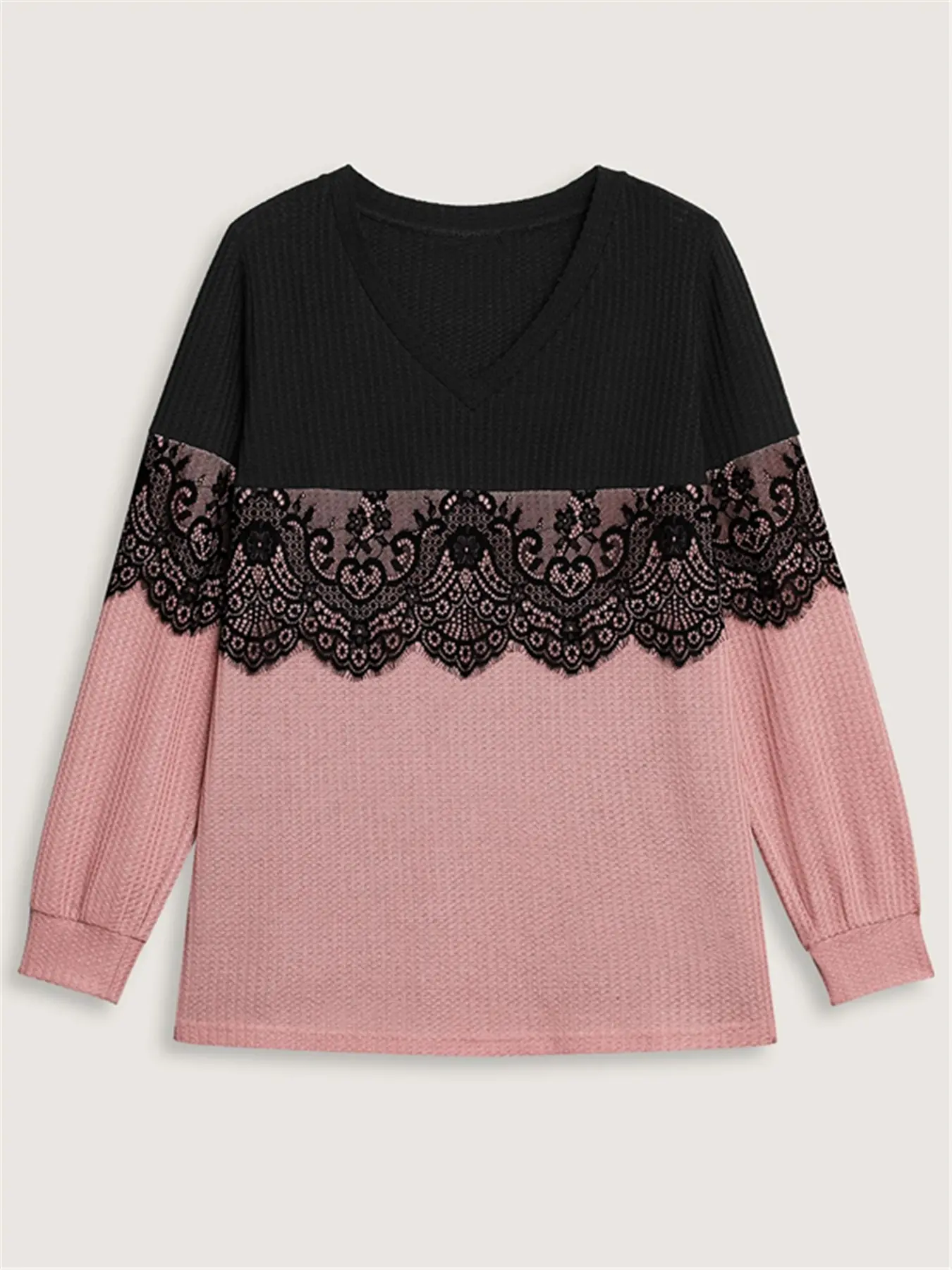 Plus Size Women's Colorblock Lace Patchwork Pullover Sweater, Comfortable Breathable Stretchy Fabric, Casual Knit Top for Spring & Fall
