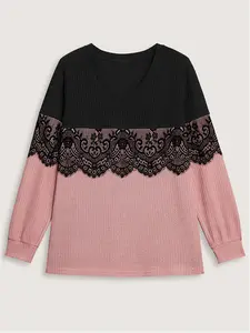 Plus Size Women's Colorblock Lace Patchwork Pullover Sweater, Comfortable Breathable Stretchy Fabric, Casual Knit Top for Spring & Fall