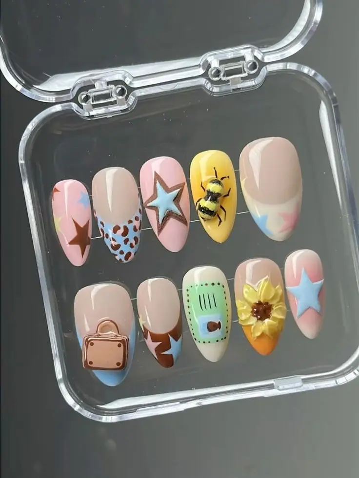 ATylerse Creator Inspired Press On Nails, Flower Boy Nail Set, Pastel 3D Bee Sunflower Almond Nails, Handmade Fake Nails | Free Adhesive Tabs Nail File Cuticle Stick