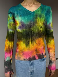 Women's M Wool Blend Dark rainbow v neck sweater 70s vintage style tiedye y2k