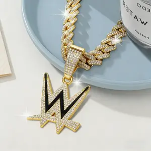 Miami Cuban Link Chain for Men Iced Out WWE Logo Pendant Gold Bling Cubic Zirconia Hip Hop Wrestling Jewelry Gift