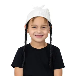 Yerushalmi Yarmulkah for Kids | Traditional  White Knit Jewish Kippah - Yerushalmi Style Kippah With or Without Sidelocks - Perfect For Cosplay, Halloween & Fantasy Party