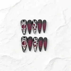 Gothic Cyber Tribal Press Ons | Silver Chrome Blood Drop Stiletto Nails