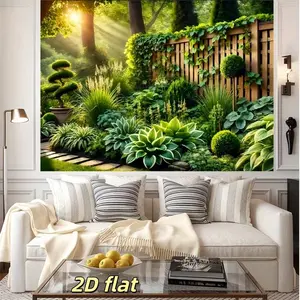 2D Flat 1pc Forest Garden Greenery Background Cloth, Style Sunlit Courtyard American Garden Wooden Fence, Photography Live Stream Backdrop
