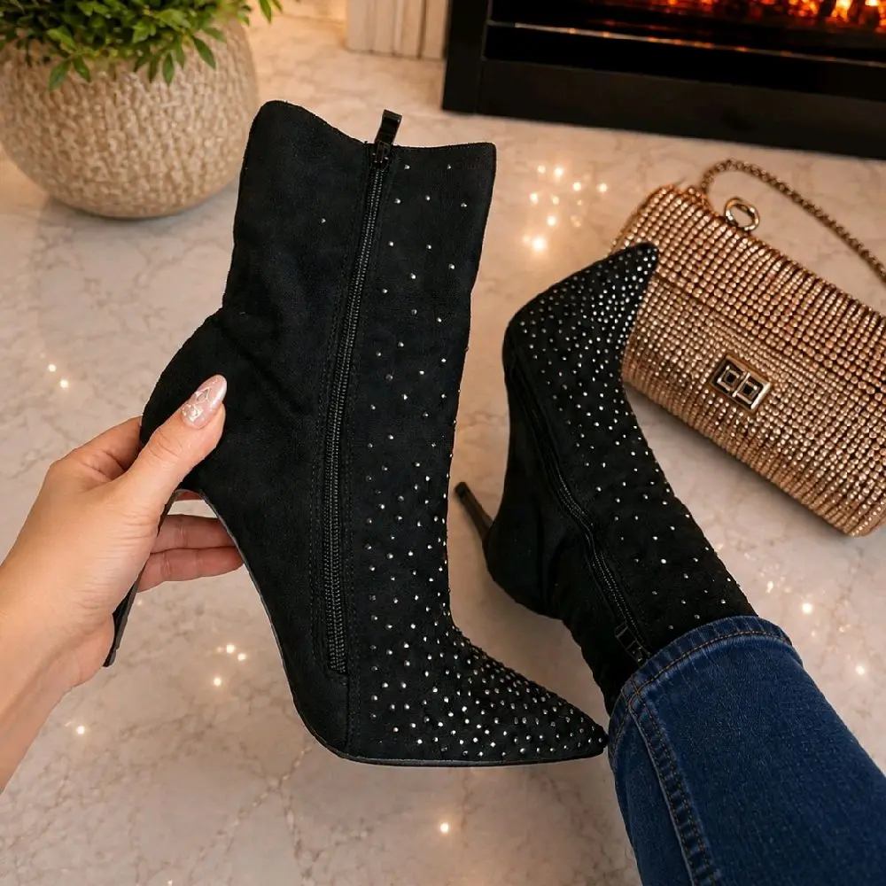 Elegant Rhinestone Suede Booties