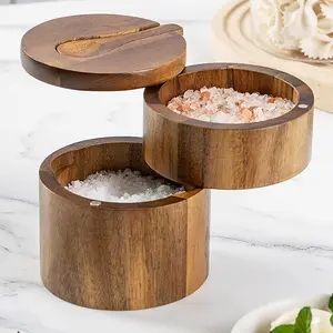Magnetic Rotating Salt Container Bowl, 2-Layer Wooden Storage Box with Spoon, Acacia Wood Kitchen Organizer for Spices & Condiments, Kitchen Gadgets
