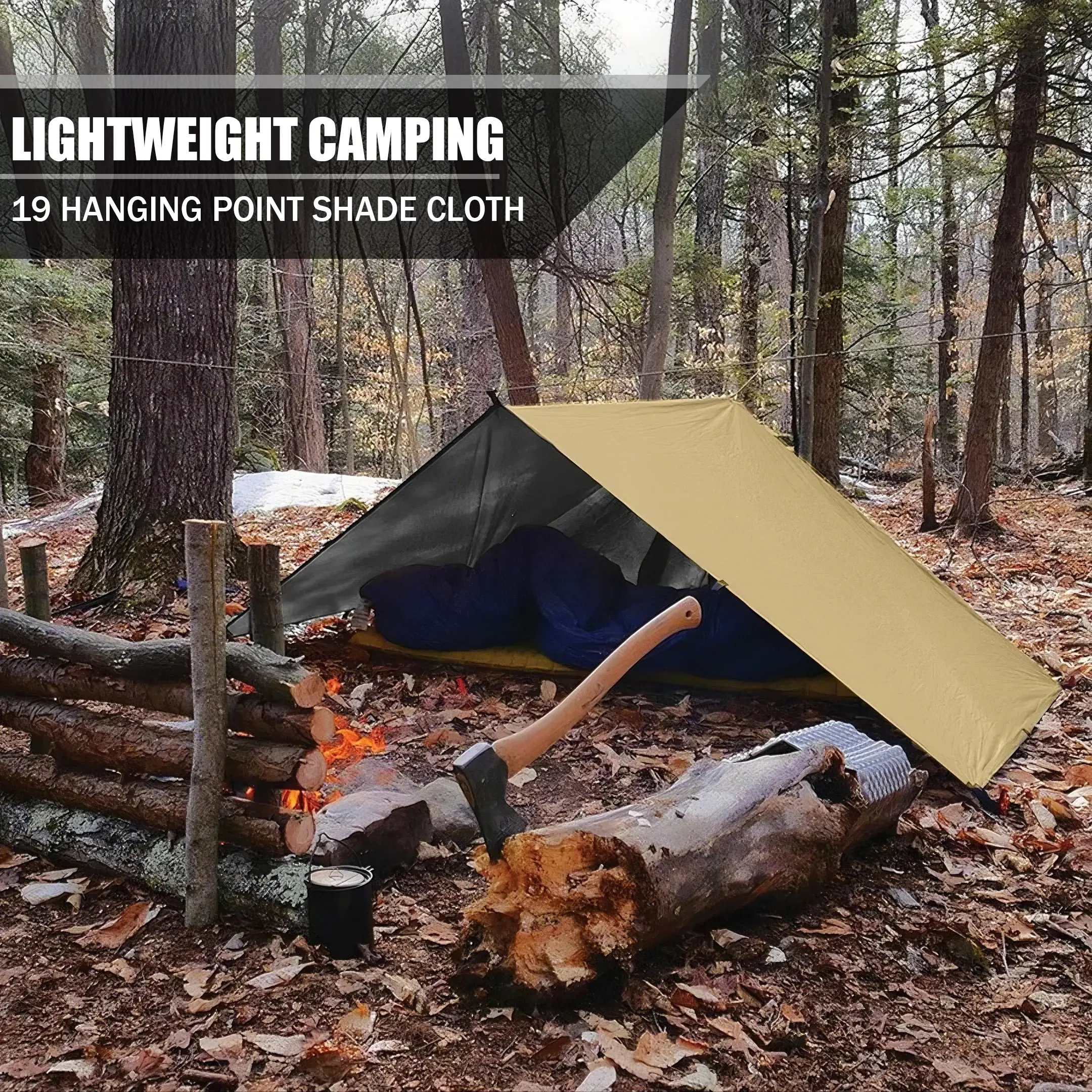 Multi-Function Tent Tarp, Lightweight Waterproof Survival Shelter for the Outdoors, Unisex Adjustable Rain Fly for Camping and Hammocks with 19 Lashing Points, Weather Resistant, No