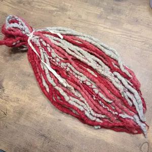 Coqui's Woolies, Red, Pink, and Grey Wool Dreadlock Extensions, Braid-in extensions.