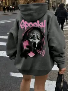 Women's Hooded Sweatshirt, Long Sleeve Ghost & Letter Print, Fall Winter Casual Loose Fit Pocket Top, Fashion Outdoor Daily Wear Street Style Womenswear