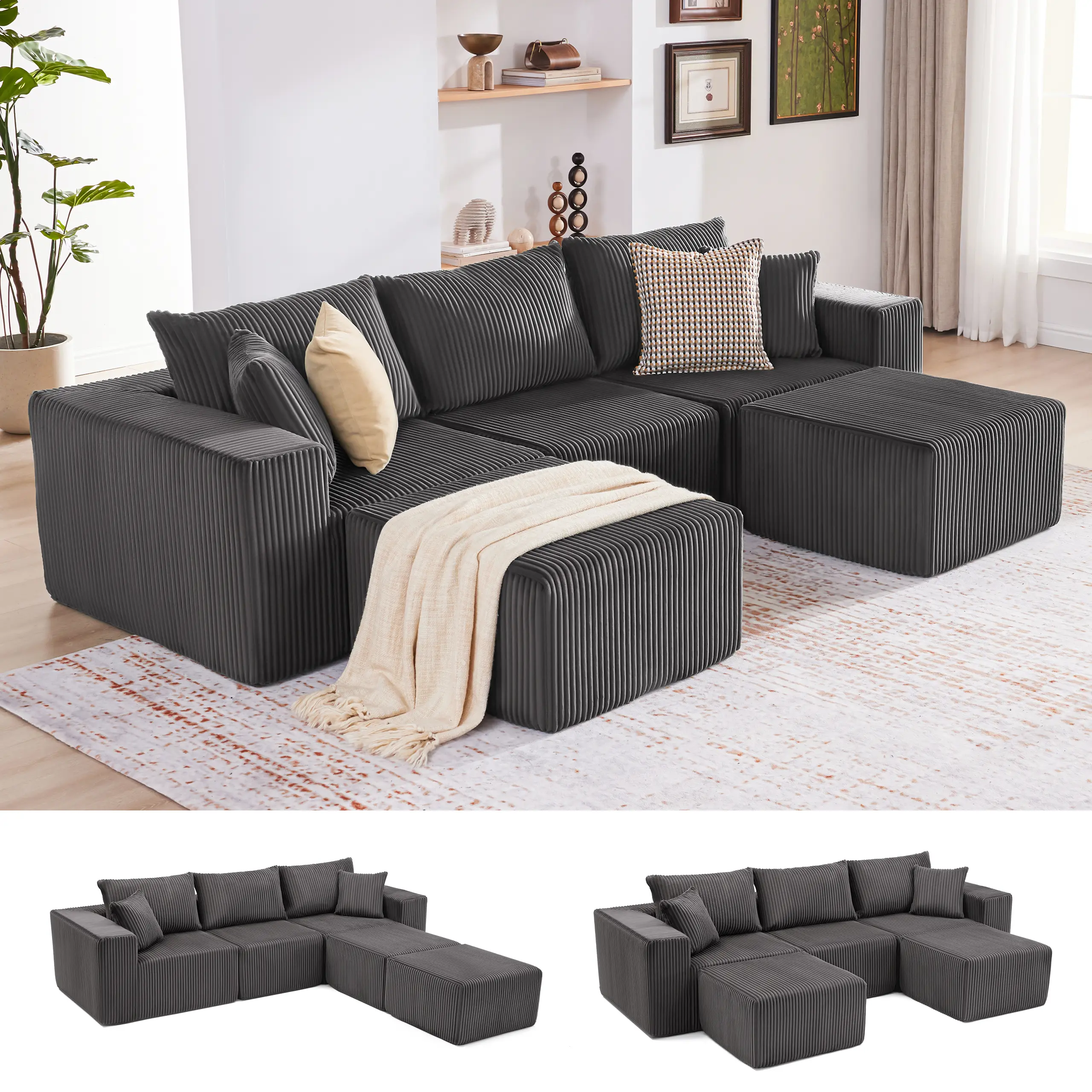 Gray-3Seats+2 Ottomans